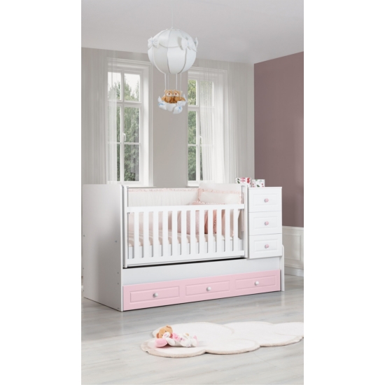 Princess bővíthető ringatható rácsos babaágy pelenkázóval Fehér/Rózsaszín
