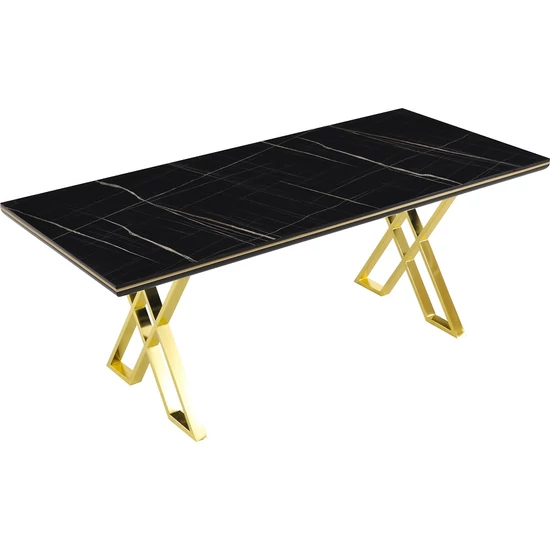 Luna Elit étkezőasztal fekete royal MDF lappal és arany fém lábakkal 92x160 cm