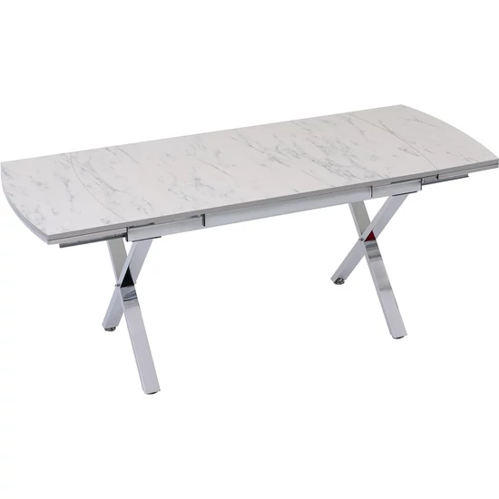Vega bővíthető étkezőasztal fehér marmo MDF lappal és ezüst fém lábakkal 79x132 cm