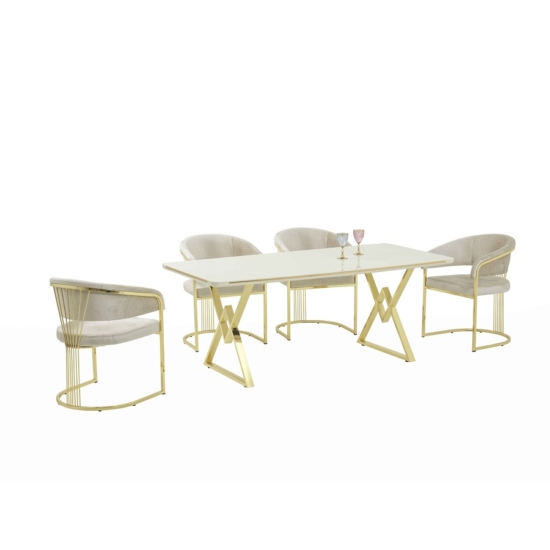 Alya Elit étkezőasztal lakk fehér MDF lappal, arany fém lábakkal 92x160 cm és 6 db Alya székkel