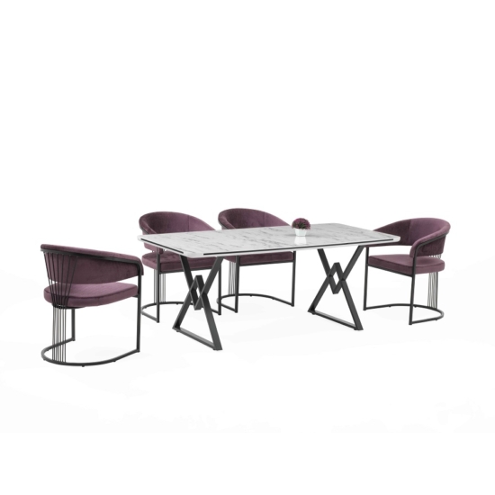 Alya Elit étkezőasztal fehér marmo MDF lappal, fekete fém lábakkal 92x160 cm és 6 db Alya székkel