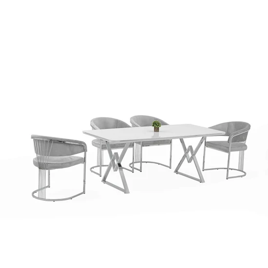 Alya Elit étkezőasztal lakk fehér MDF lappal, ezüst fém lábakkal 92x160 cm és 6 db Alya székkel