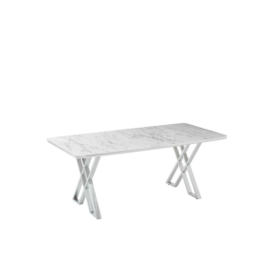Luna Elit étkezőasztal fehér marmo MDF lappal és ezüst fém lábakkal 92x160 cm
