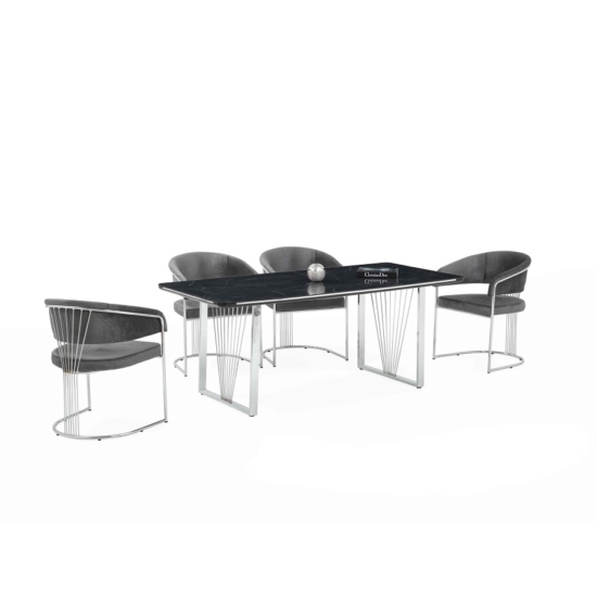 Nora Elit étkezőasztal lakk fekete royal MDF lappal, ezüst fém lábakkal 92x160 cm és 6 db Nora székkel