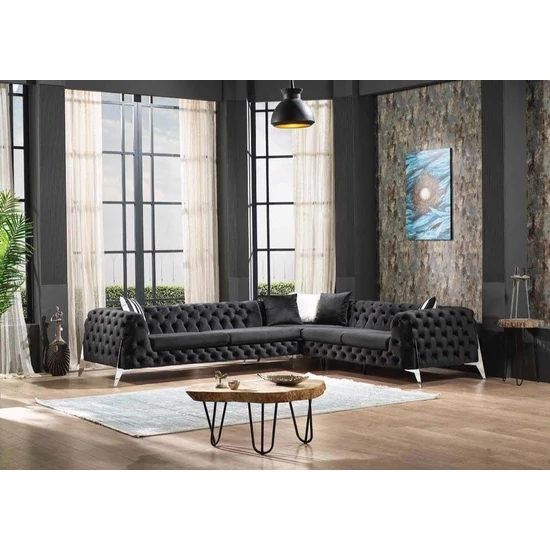 Manhattan L alakú chesterfield sarokkanapé Fekete