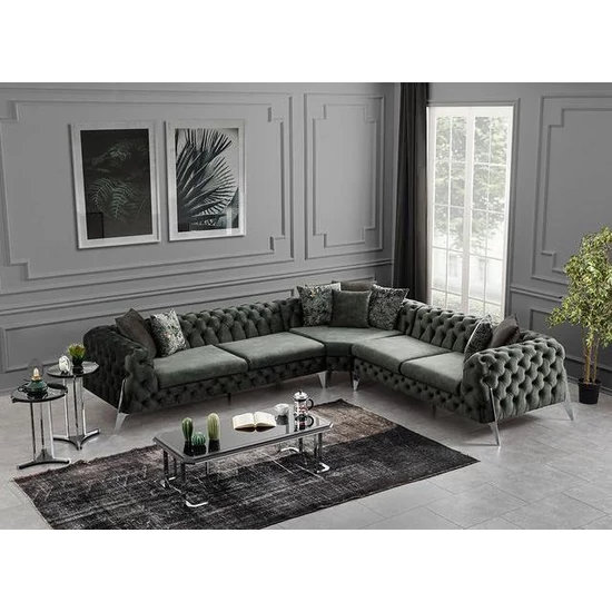Manhattan L alakú chesterfield sarokkanapé Sötétzöld