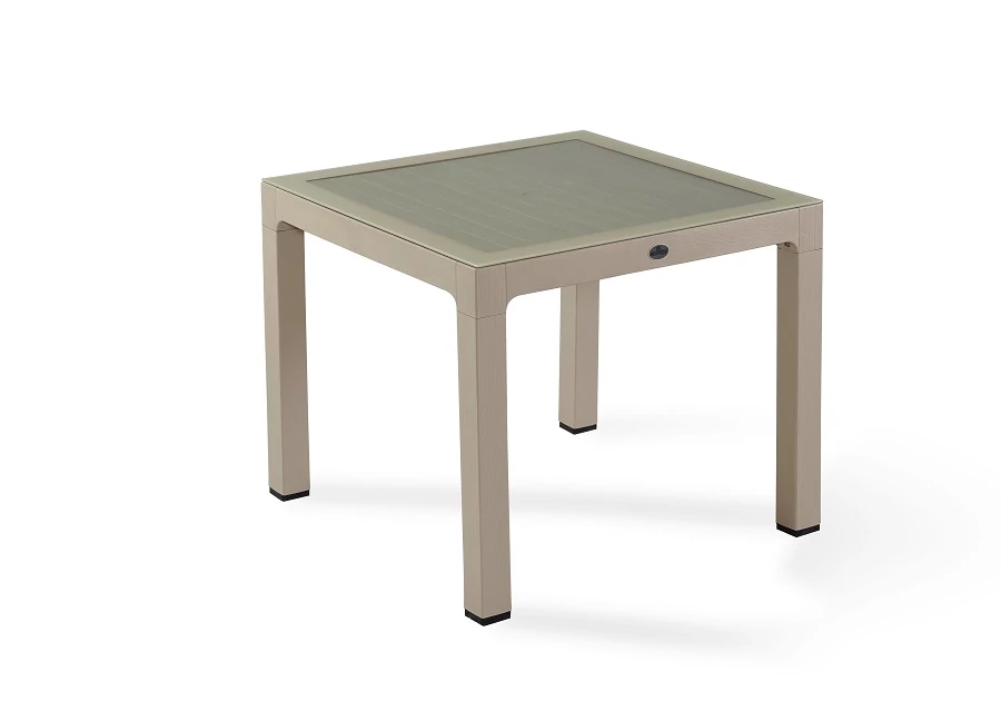 Fa hatású rattan asztal üveglappal 90x90 cm Bézs