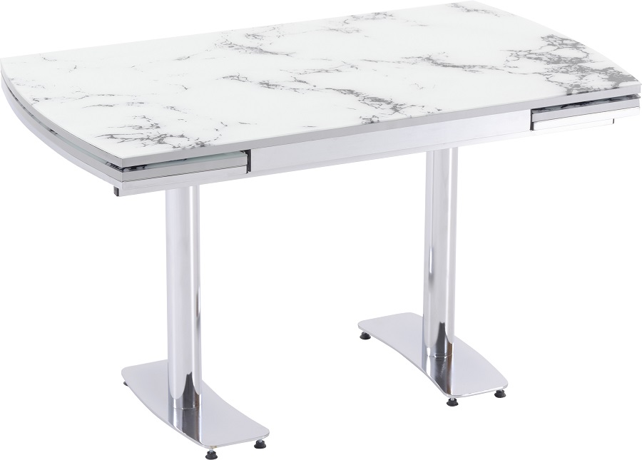 Acelya bővíthető üveg étkezőasztal fehér üveglappal és ezüst fém lábakkal 79x132 cm