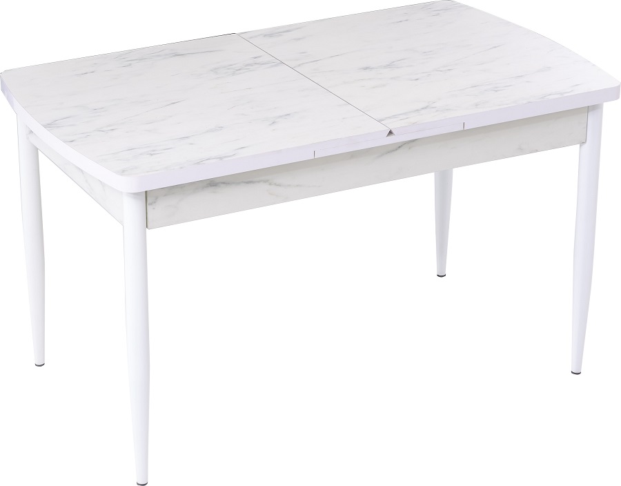 Buse bővíthető étkezőasztal fehér marmo MDF lappal és fehér fém lábakkal 79x139 cm