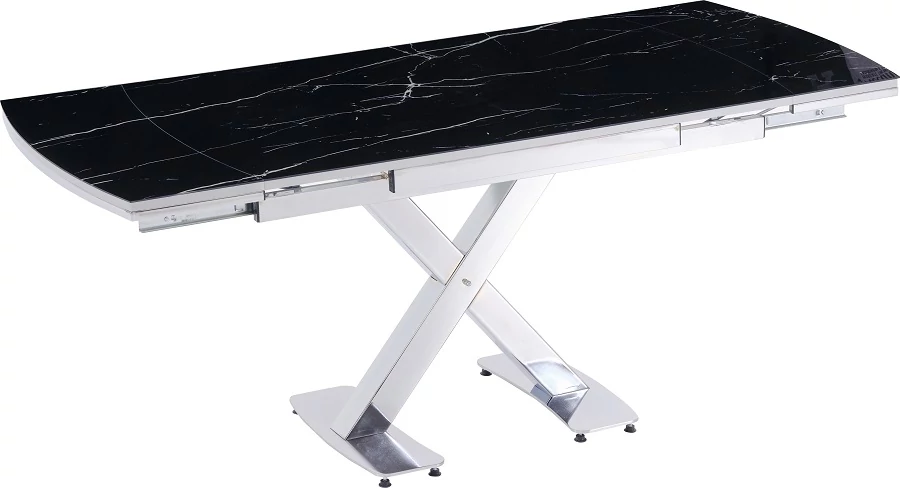 Doruk bővíthető üveg étkezőasztal fehér üveglappal és ezüst fém lábakkal 79x132 cm