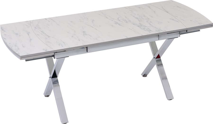 Vega bővíthető étkezőasztal fehér marmo MDF lappal és ezüst fém lábakkal 79x132 cm