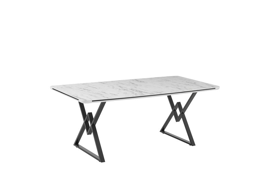 Alya Elit étkezőasztal fehér marmo MDF lappal és fekete fém lábakkal 92x160 cm