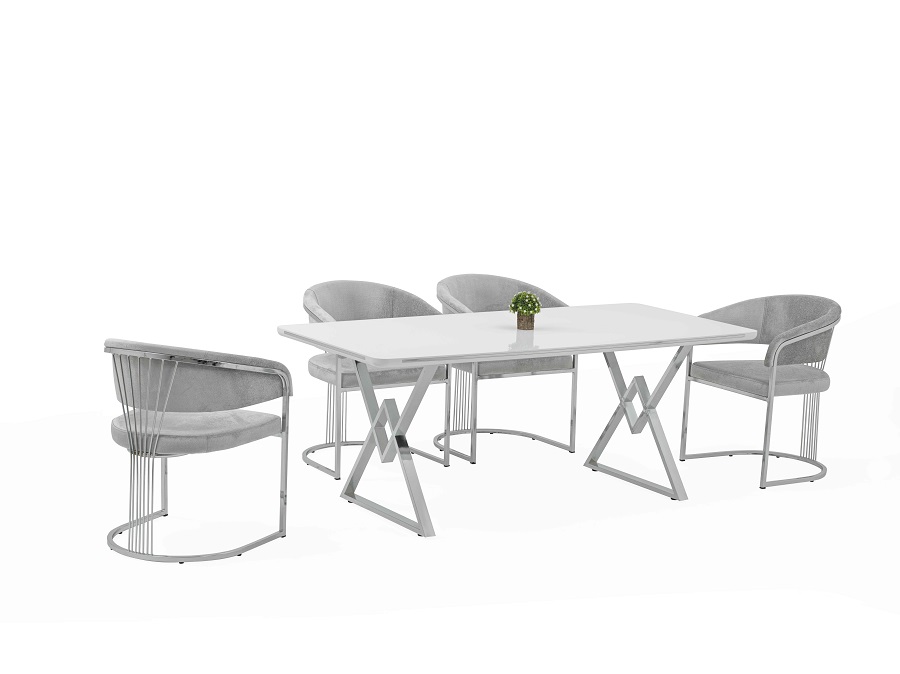 Alya Elit étkezőasztal lakk fehér MDF lappal, ezüst fém lábakkal 92x160 cm és 6 db Alya székkel