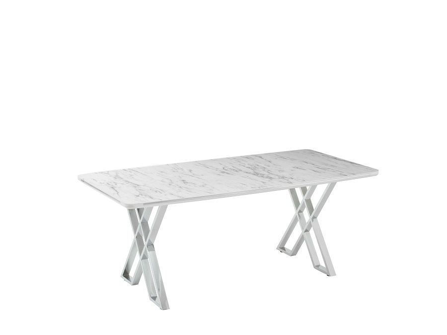 Luna Elit étkezőasztal fehér marmo MDF lappal és ezüst fém lábakkal 92x160 cm