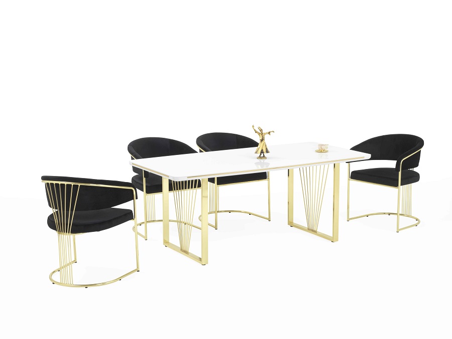 Nora Elit étkezőasztal lakk fehér MDF lappal, arany fém lábakkal 92x160 cm és 6 db Nora székkel